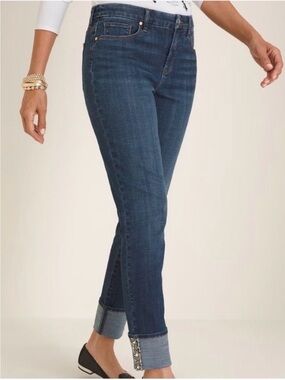 Chico's So Slimming Girlfriend Cropped Slim Leg Beaded Cuff Ankle Jeans